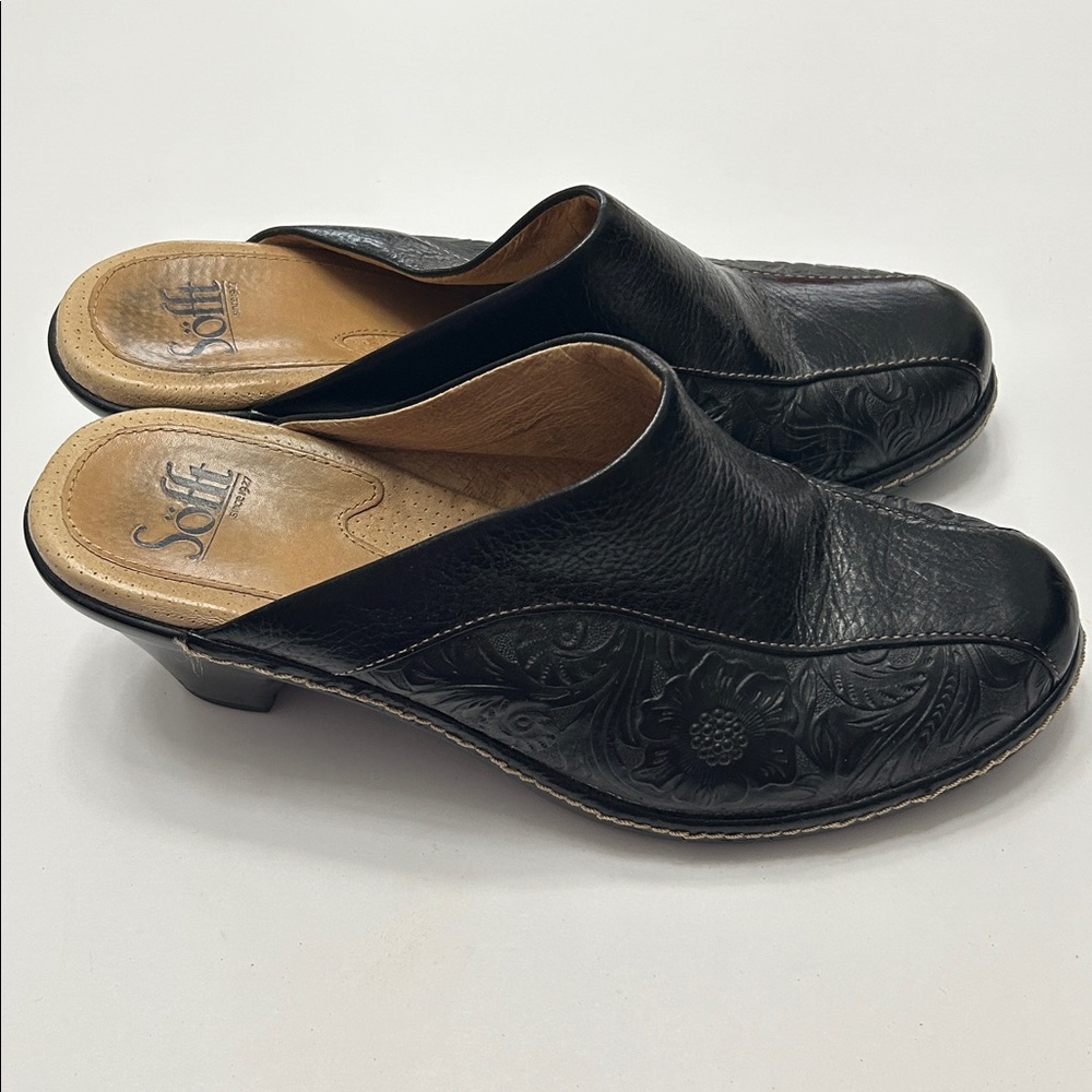 Sofft Black Leather Floral Embossed Slip-On Heeled Mules Size 8 Wide